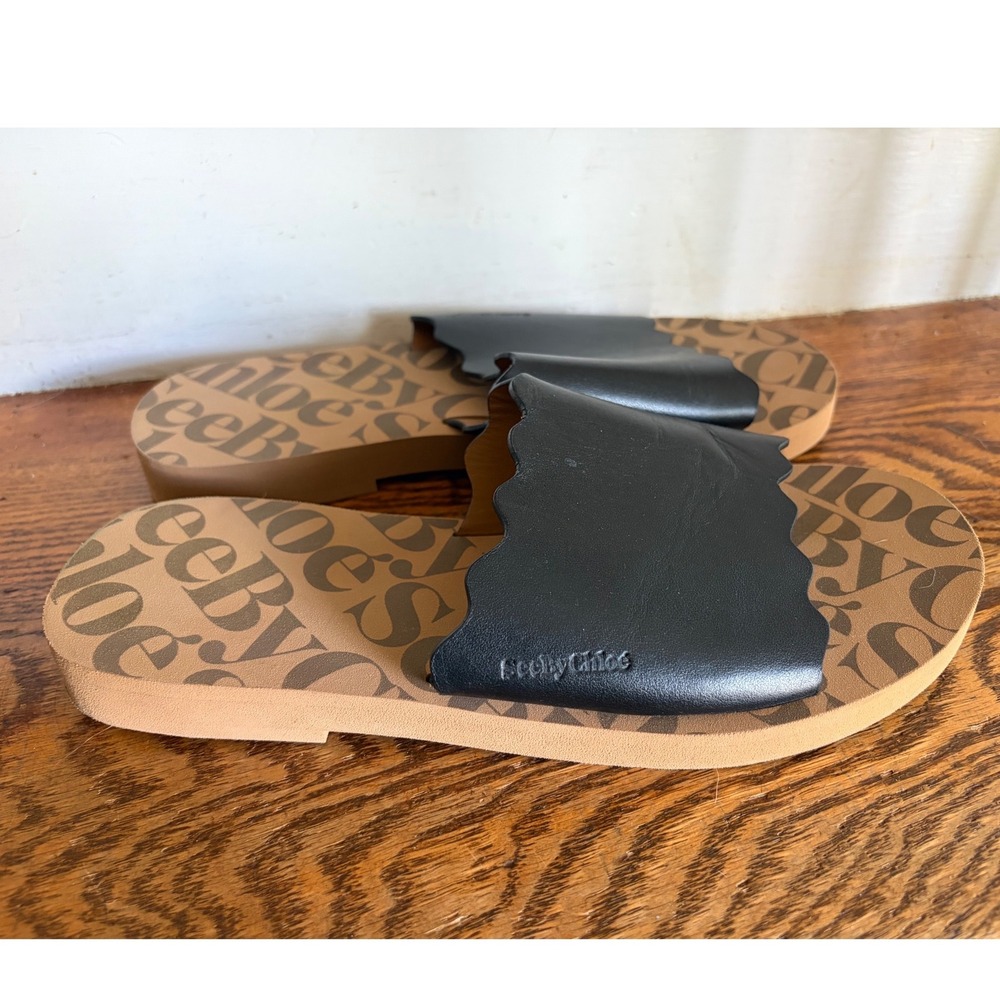 See By Chloe Black‎ Scalloped Leather Logo Slide Sandals Womens Size 39 Flat